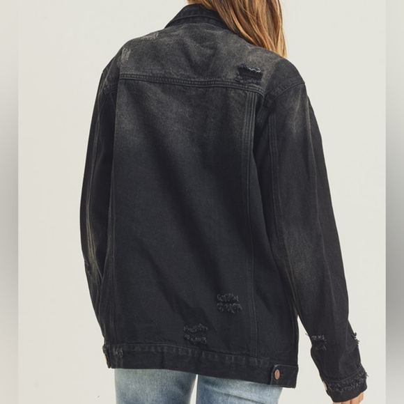 RISEN Distressed Cotton Torn Denim Jean Jacket Long Sleeve Black Button Collar - Picture 11 of 16